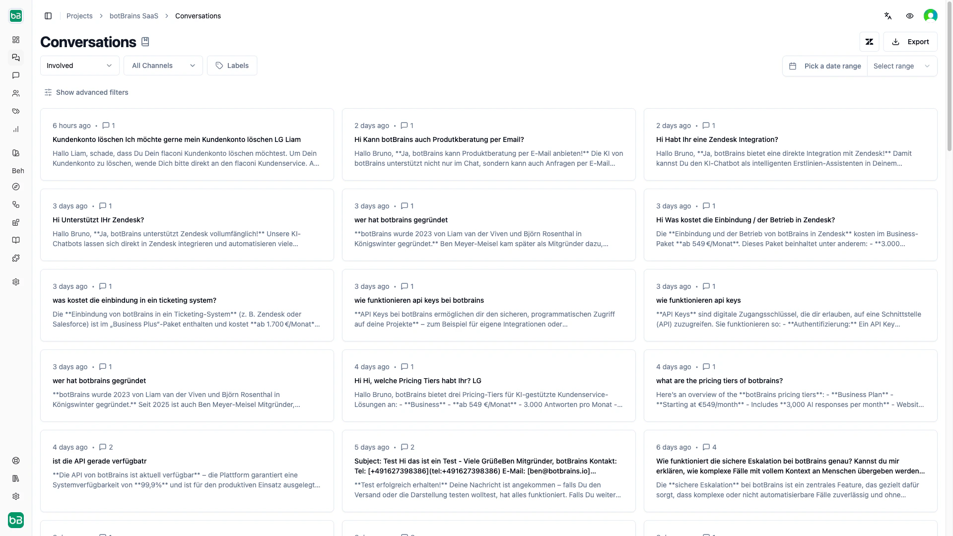 Conversations view filtered to show Slack conversations with example messages