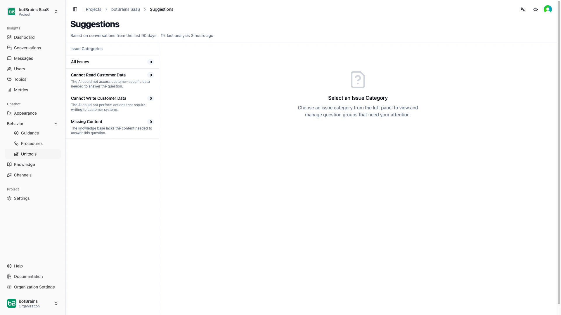 Suggestions list showing multiple clusters with issue types and conversation counts