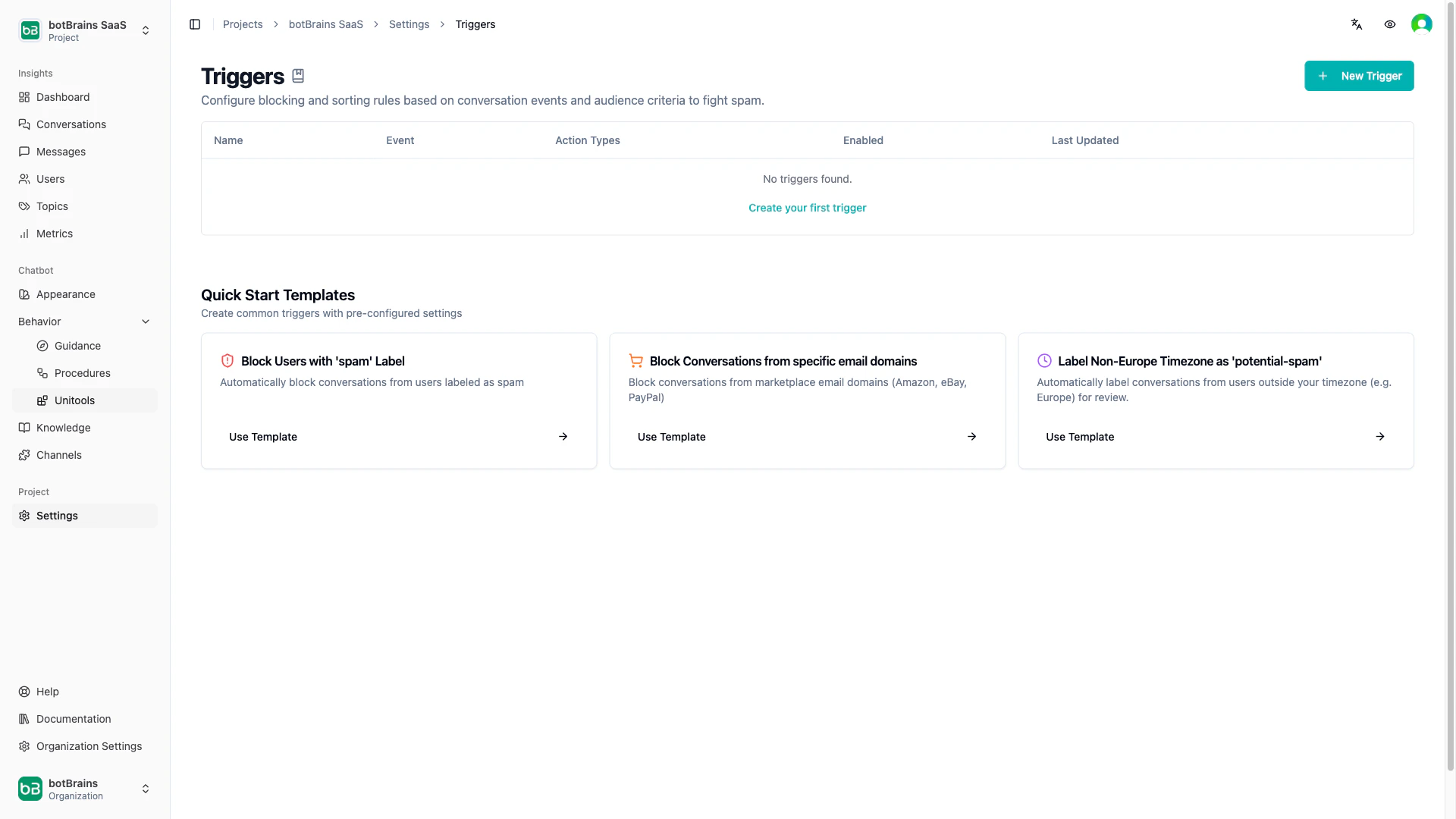 Trigger creation form showing When section with audience criteria builder and Then section with actions