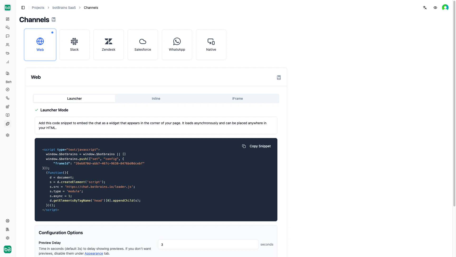 Zendesk integration card in Channels showing the Field Prediction configuration option