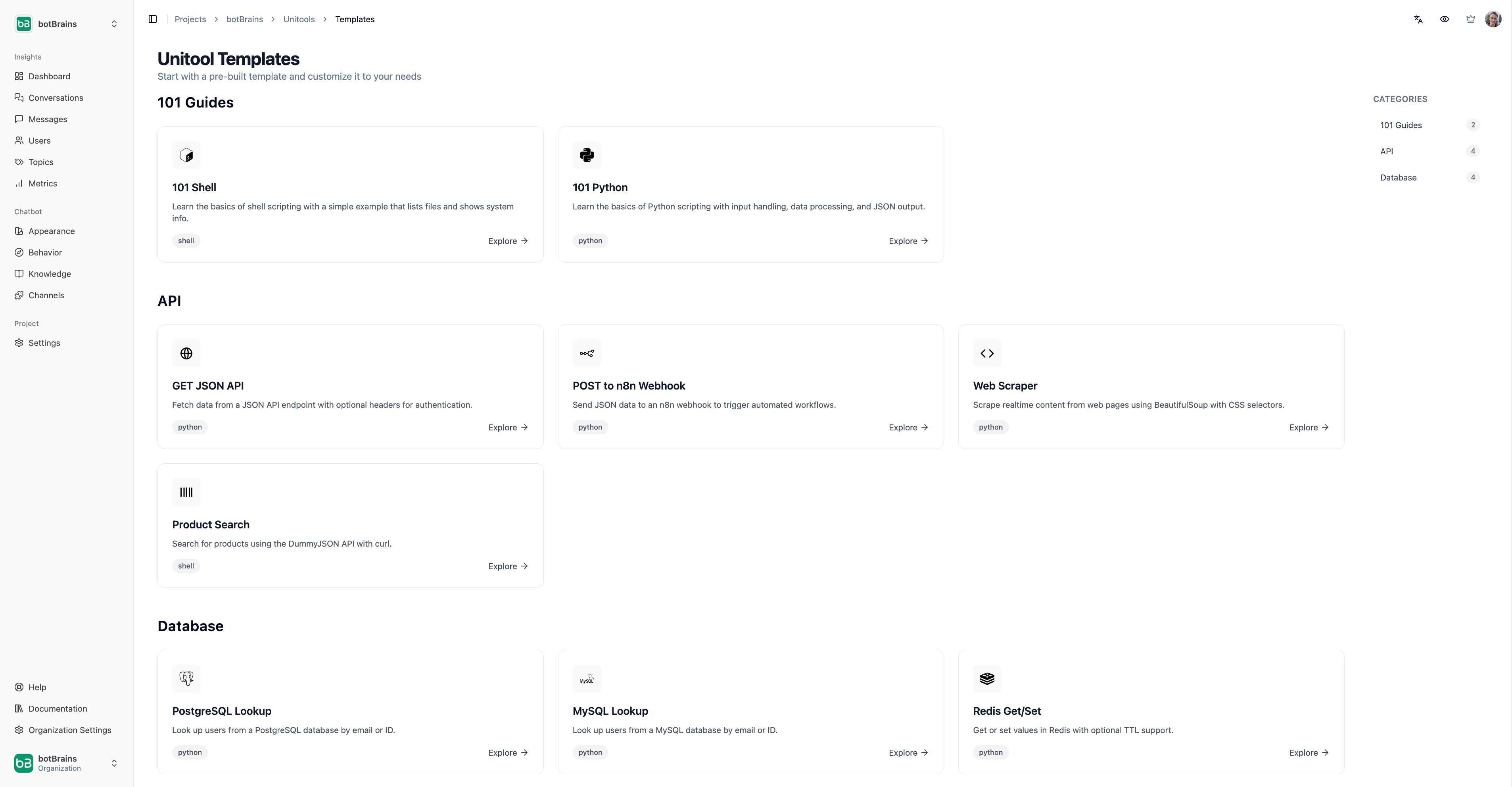 Unitool Templates page showing categorized starter templates for API, Database, and 101 Guides with Explore links