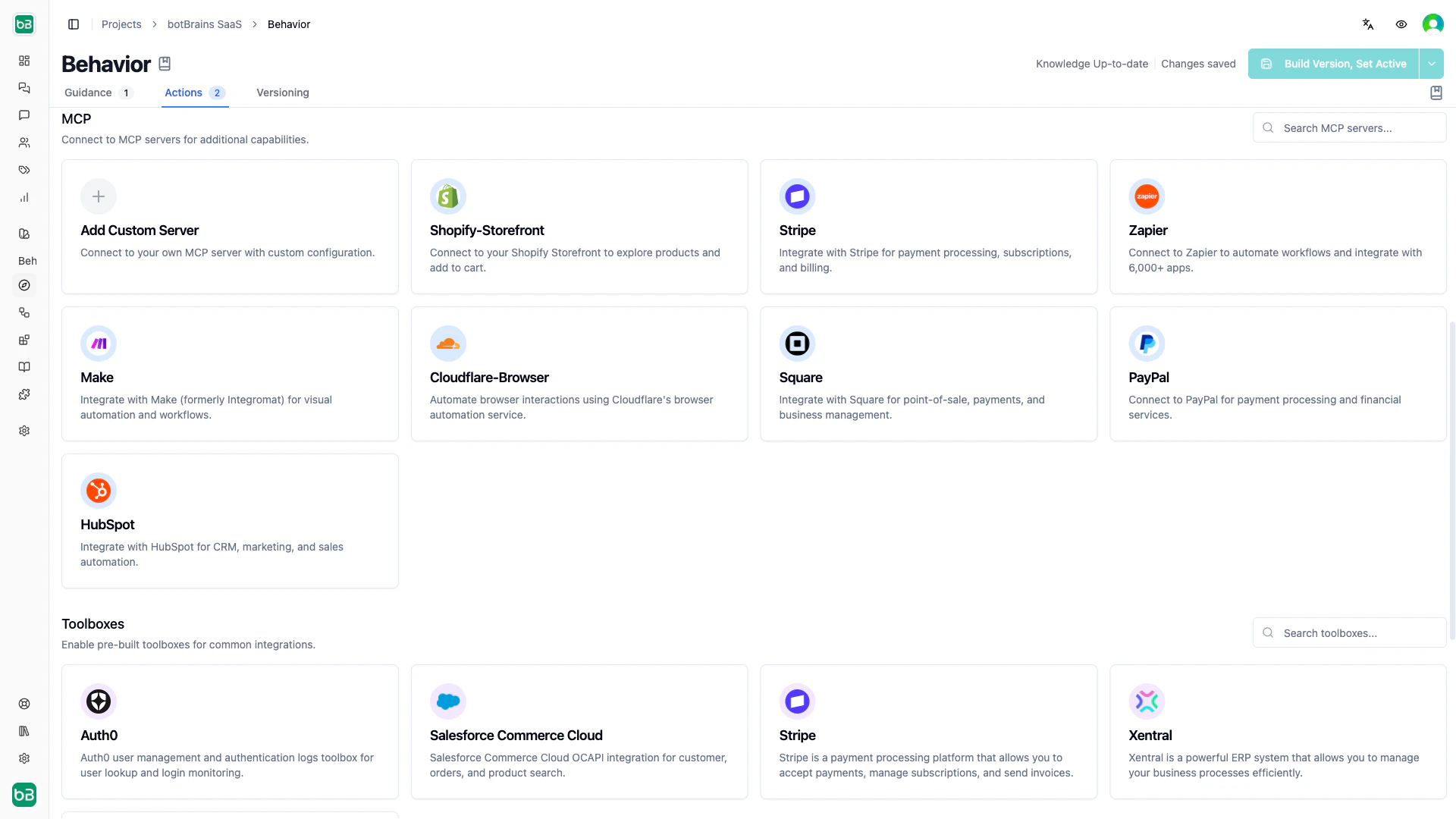 MCP Servers section on the Actions tab showing available integrations like Shopify, Stripe, and Zapier