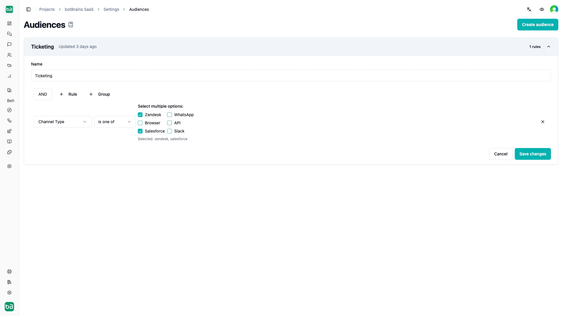 Audience creation form with query builder showing AND/OR logic for segmenting users