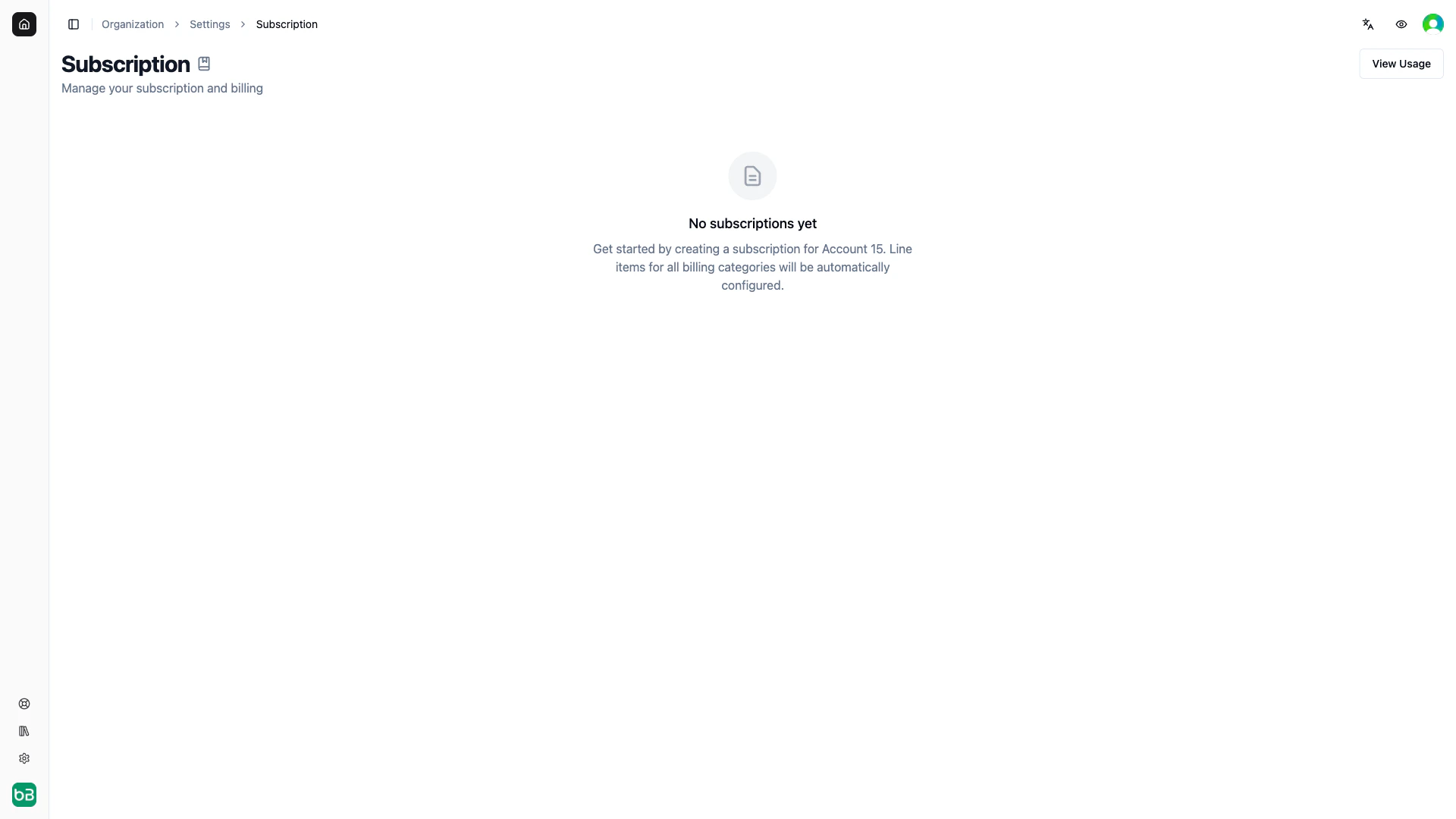 Subscription settings page showing subscription status, start date, renewal date, contract period, and line item pricing details