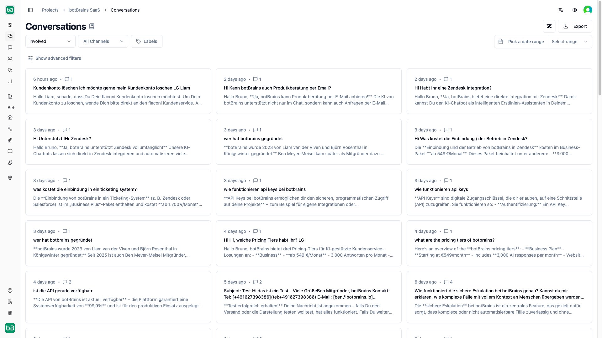 Conversations page with filter dropdowns for date range, involvement, channel, and labels