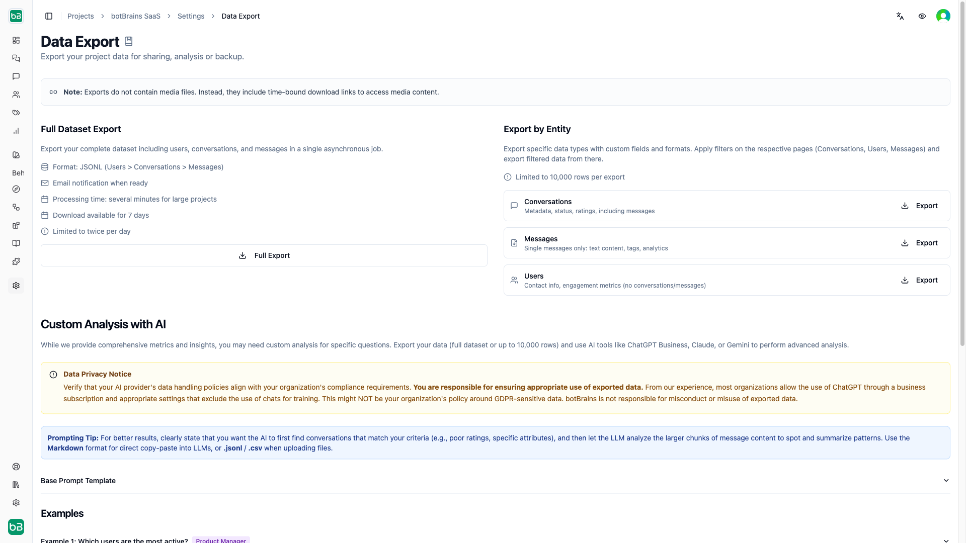 Data Export - botBrains Docs