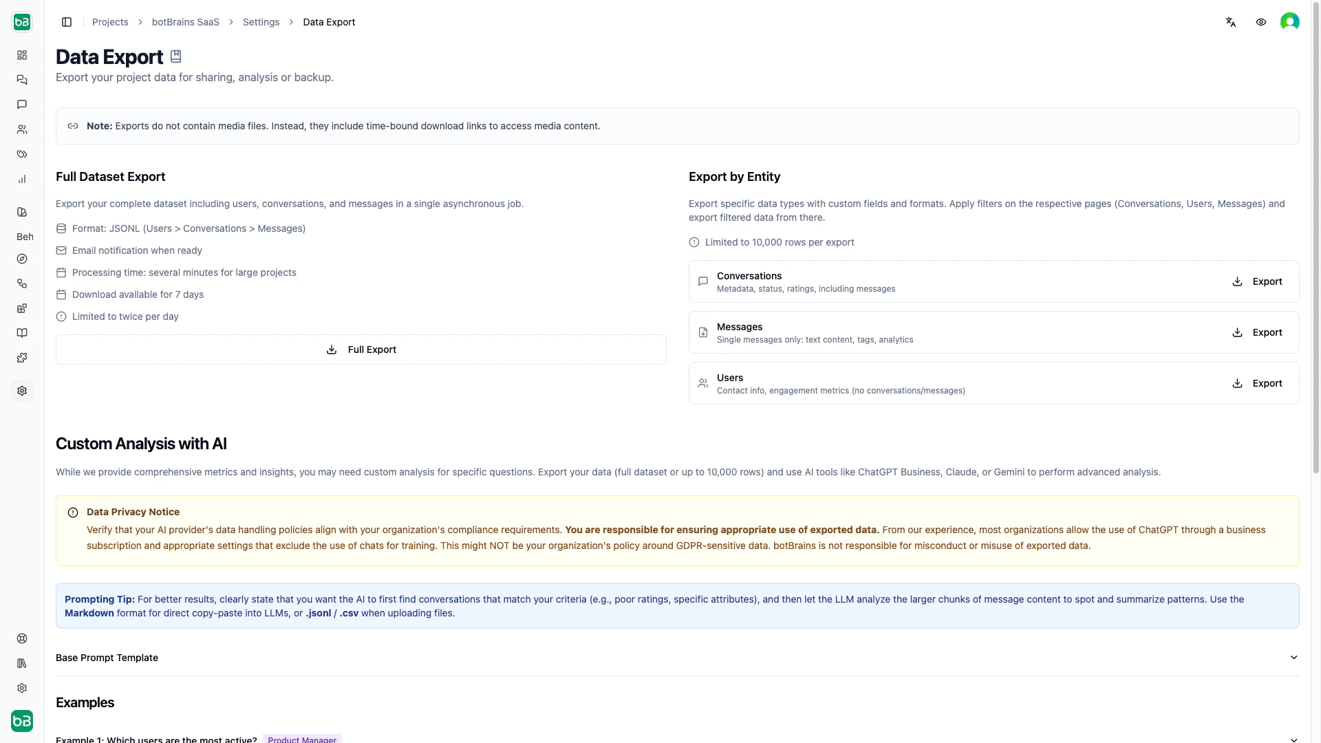 Entity-specific export dialog on the Conversations list page showing format and filter options