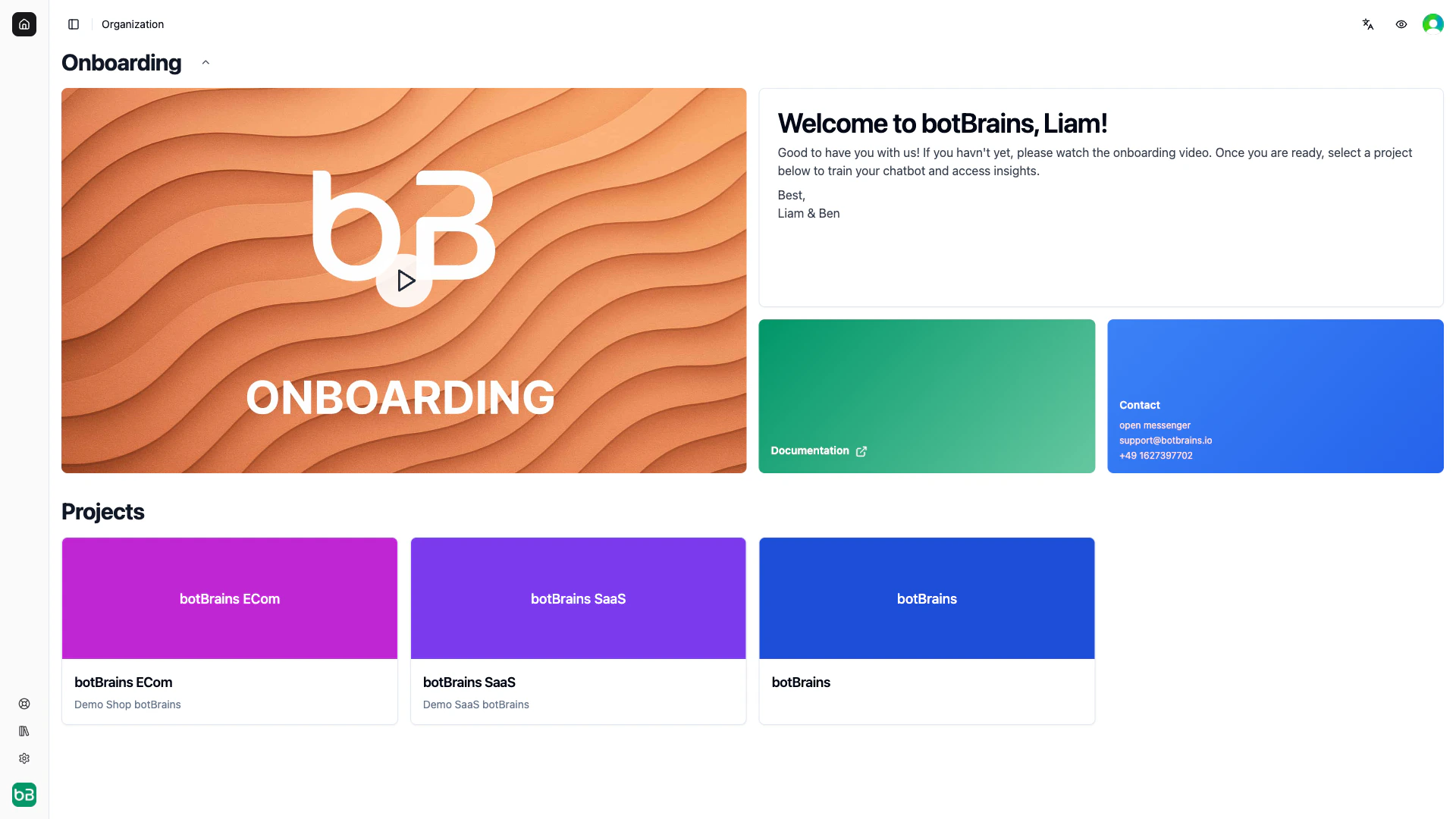 Projects list showing multiple botBrains projects