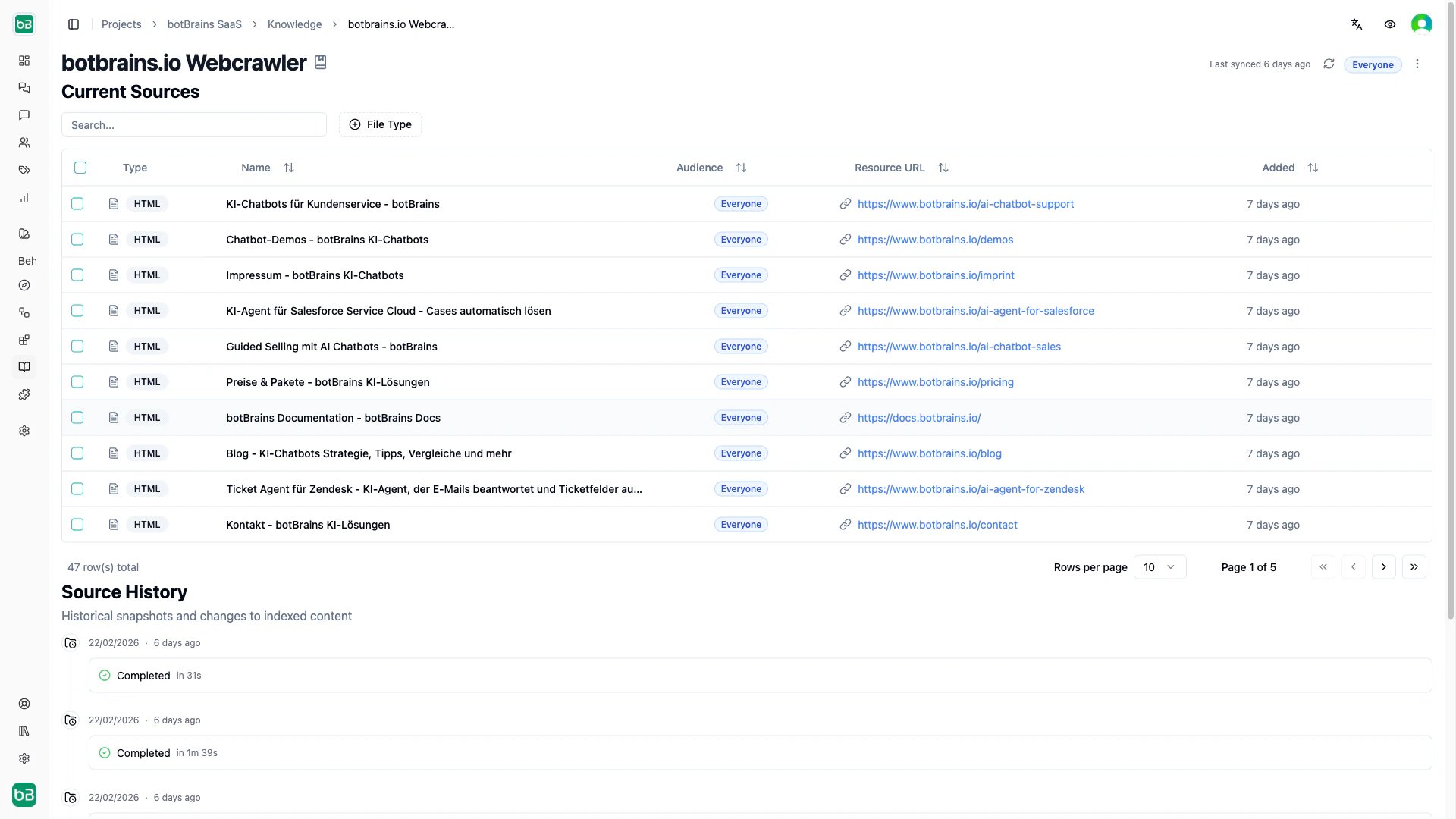 Web Crawler configuration interface showing seed URLs, crawl scope, render mode, and URL filters