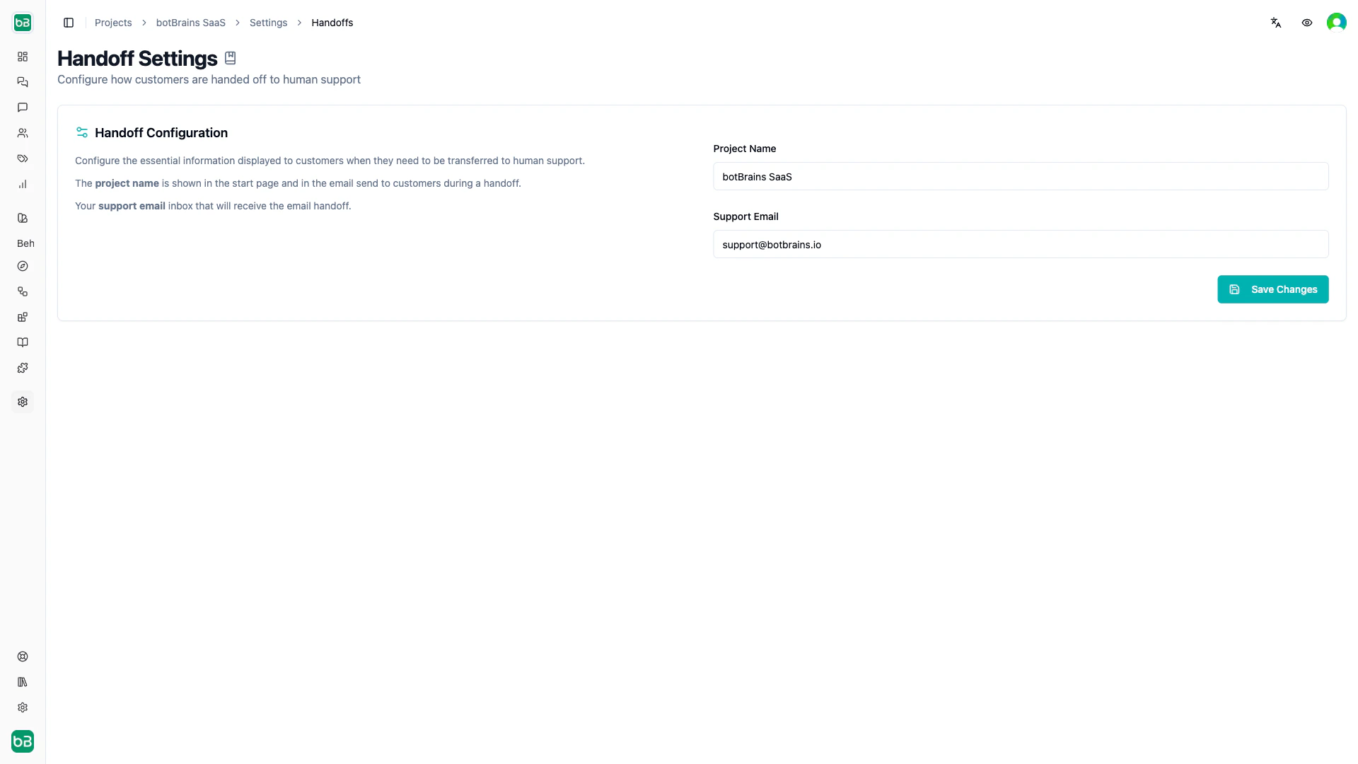 Handoffs settings page showing Project Name and Support Email fields