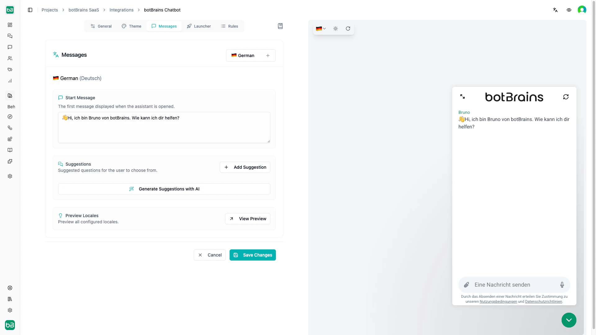 Language dropdown showing multiple configured languages with AI translation option, and preview panel displaying start message and suggestions in different languages