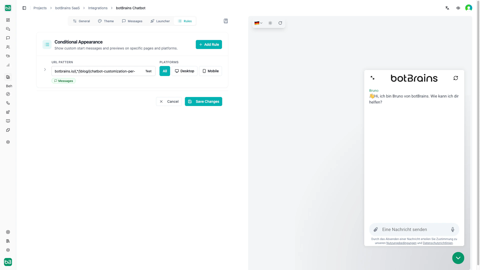 Rules tab showing a list of configured rules with URL patterns, platform targeting (All/Desktop/Mobile), and a rule editor form with pattern tester showing match results