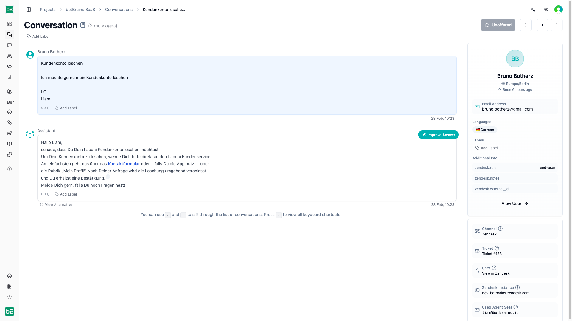 Example conversation view showing AI agent message, user response, and labels applied