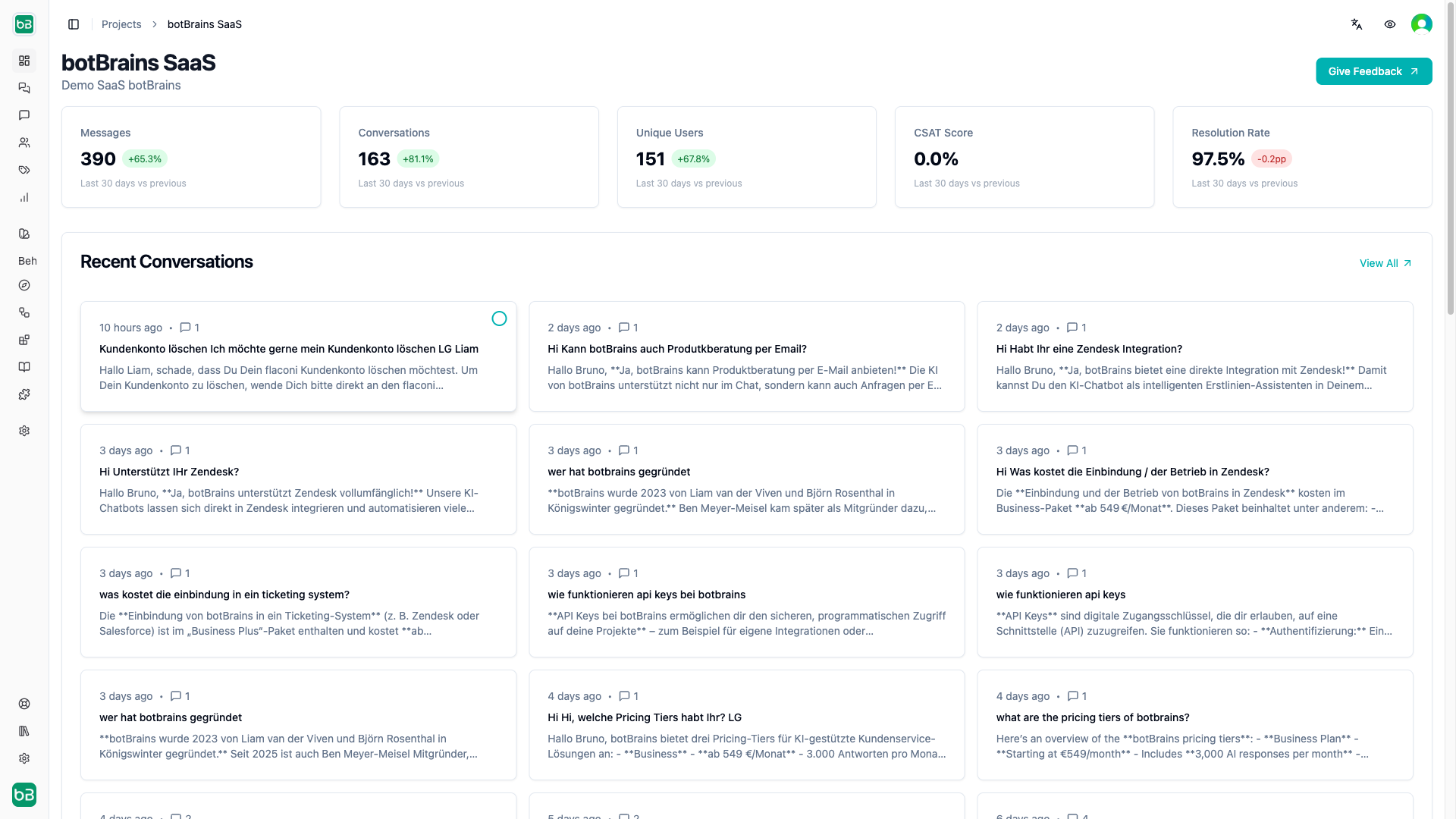 botBrains platform dashboard showing a project with active deployments and metrics