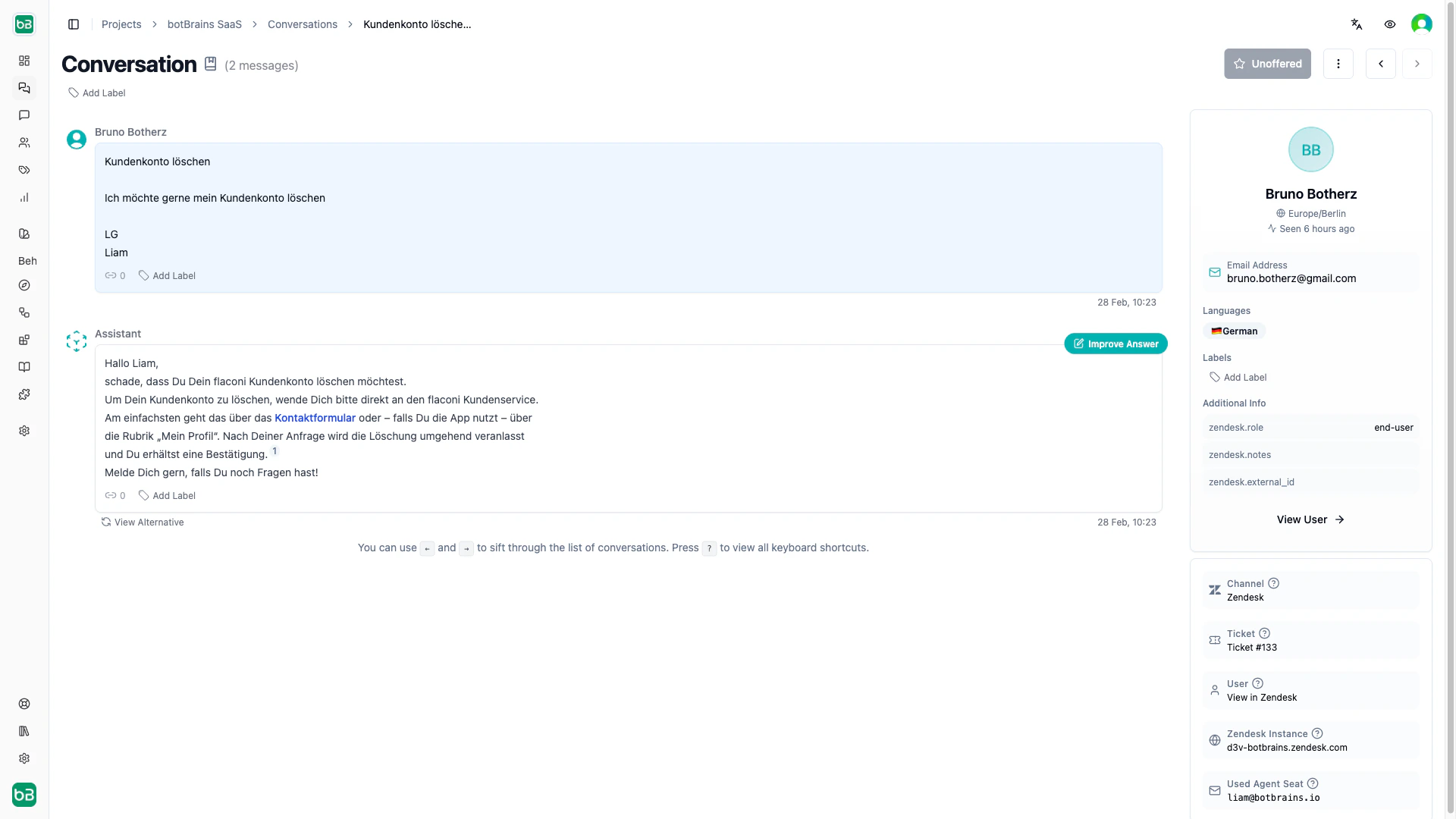 Knowledge sidebar in a conversation showing Used Sources, Available Sources, and Snippets sections with relevant documents and text excerpts