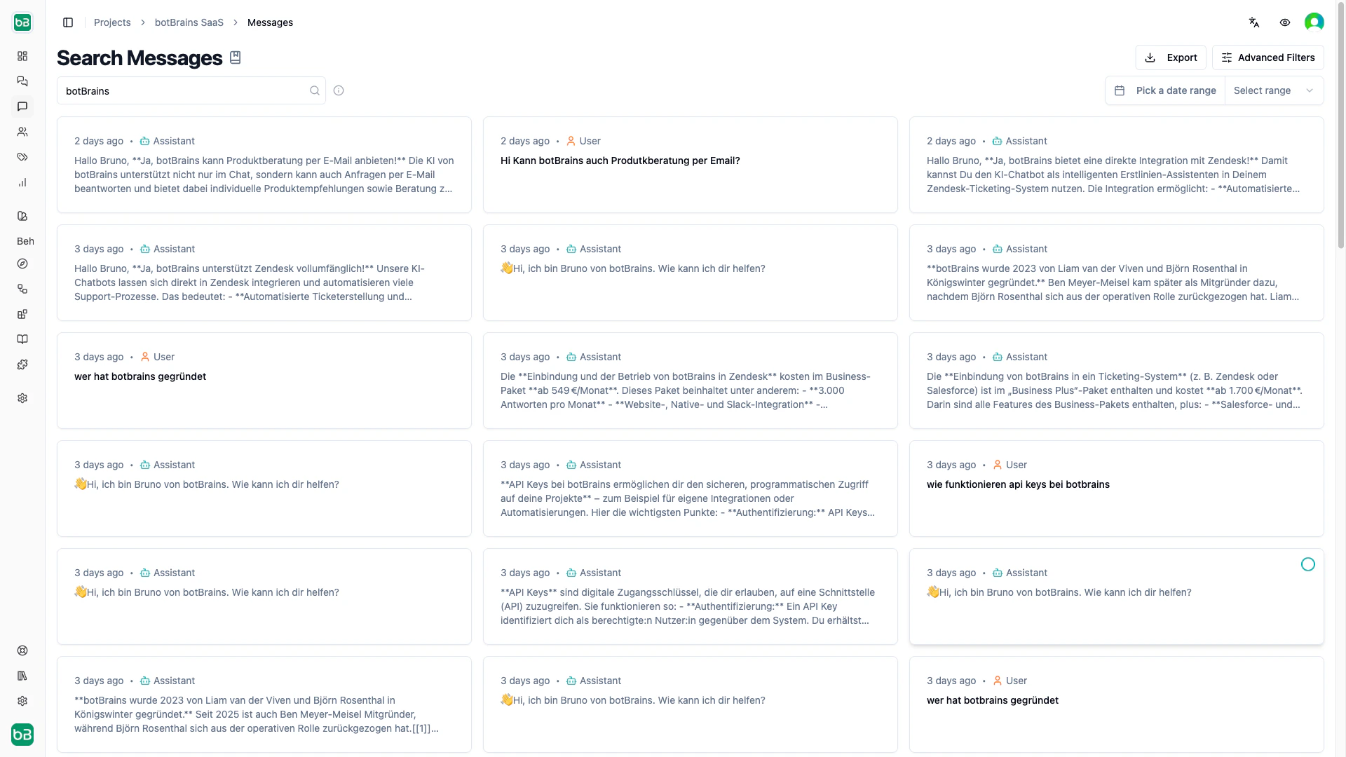 Search results page showing multiple message cards with checkboxes and an Export button visible