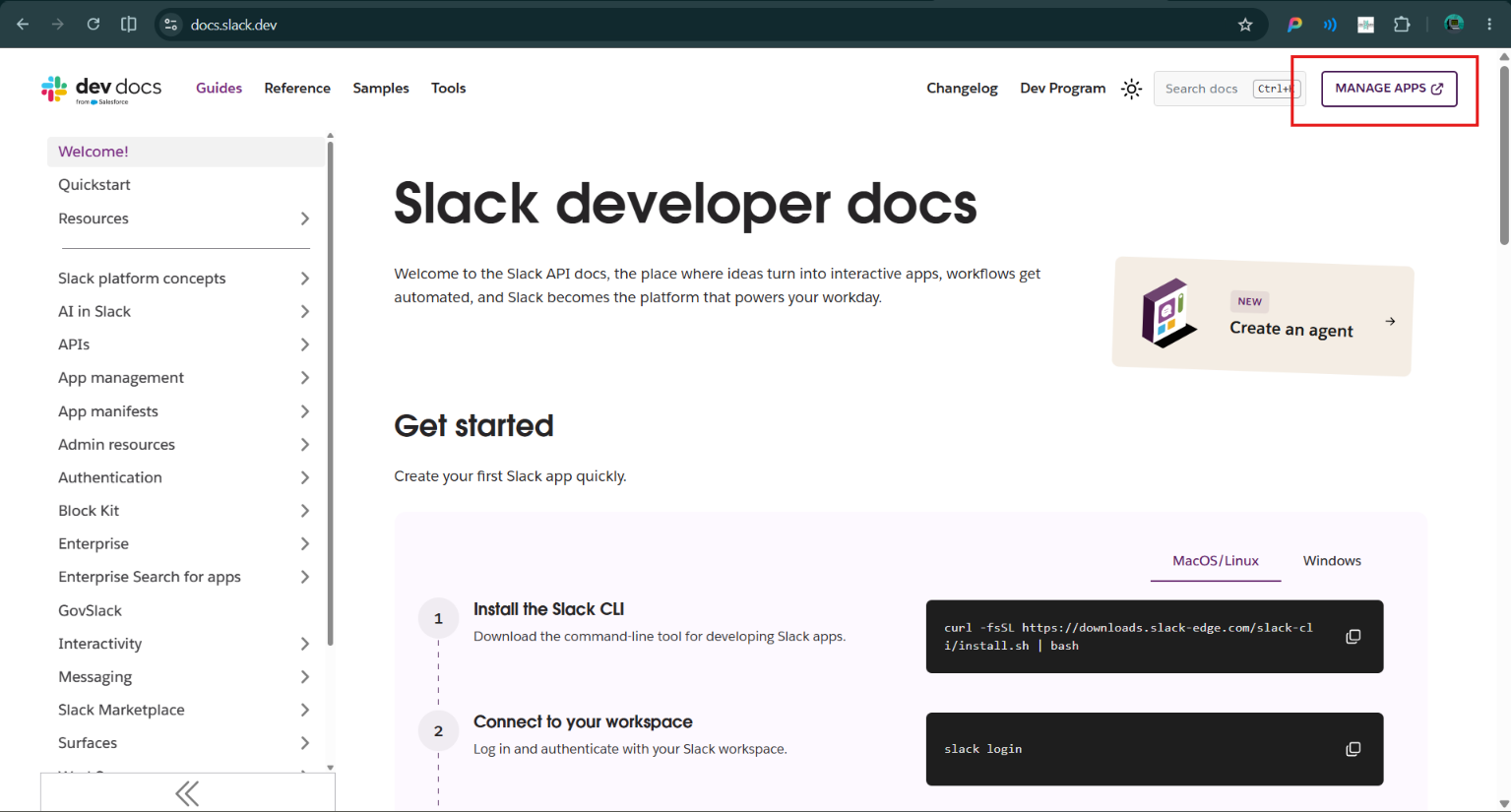 Slack developer docs with Manage Apps in the top right
