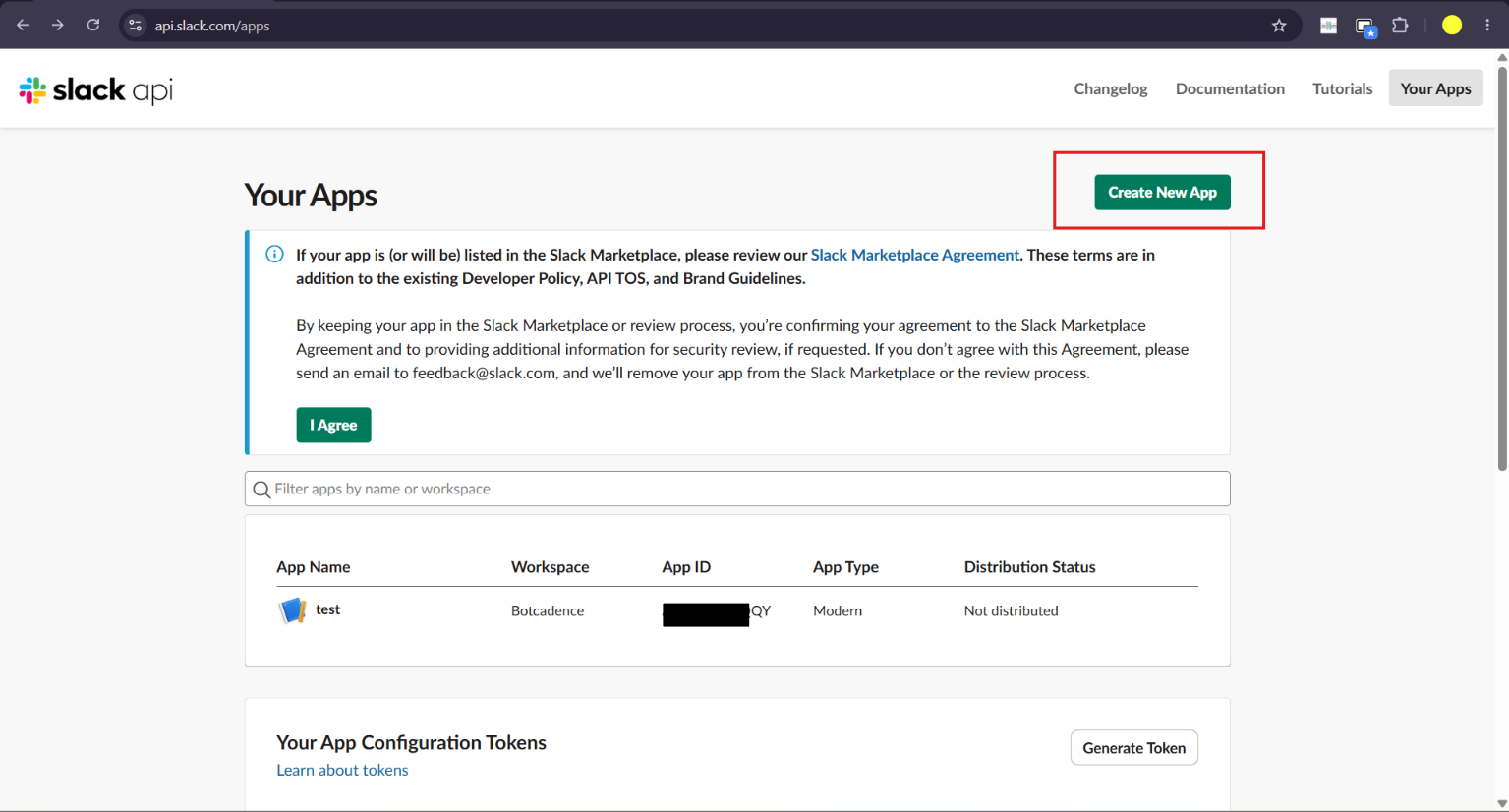 Slack Your Apps page with Create New App