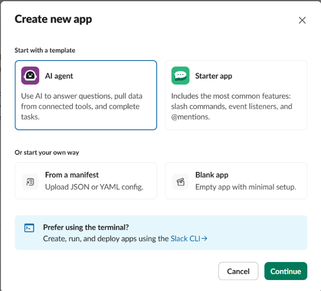Create new app dialog with AI agent selected