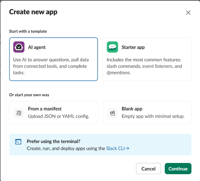 Create new app dialog with AI agent selected