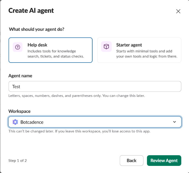 Create AI agent form with name and workspace