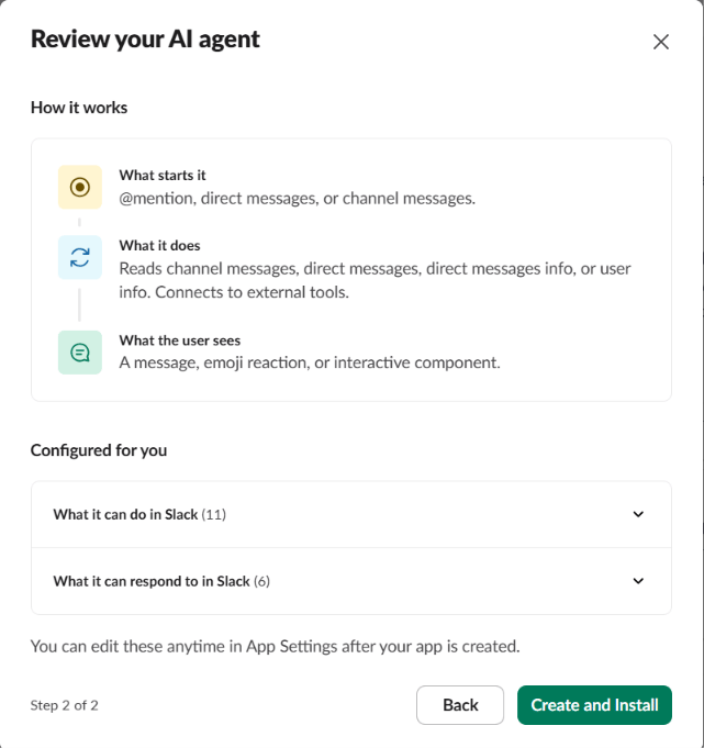 Review your AI agent with Create and Install