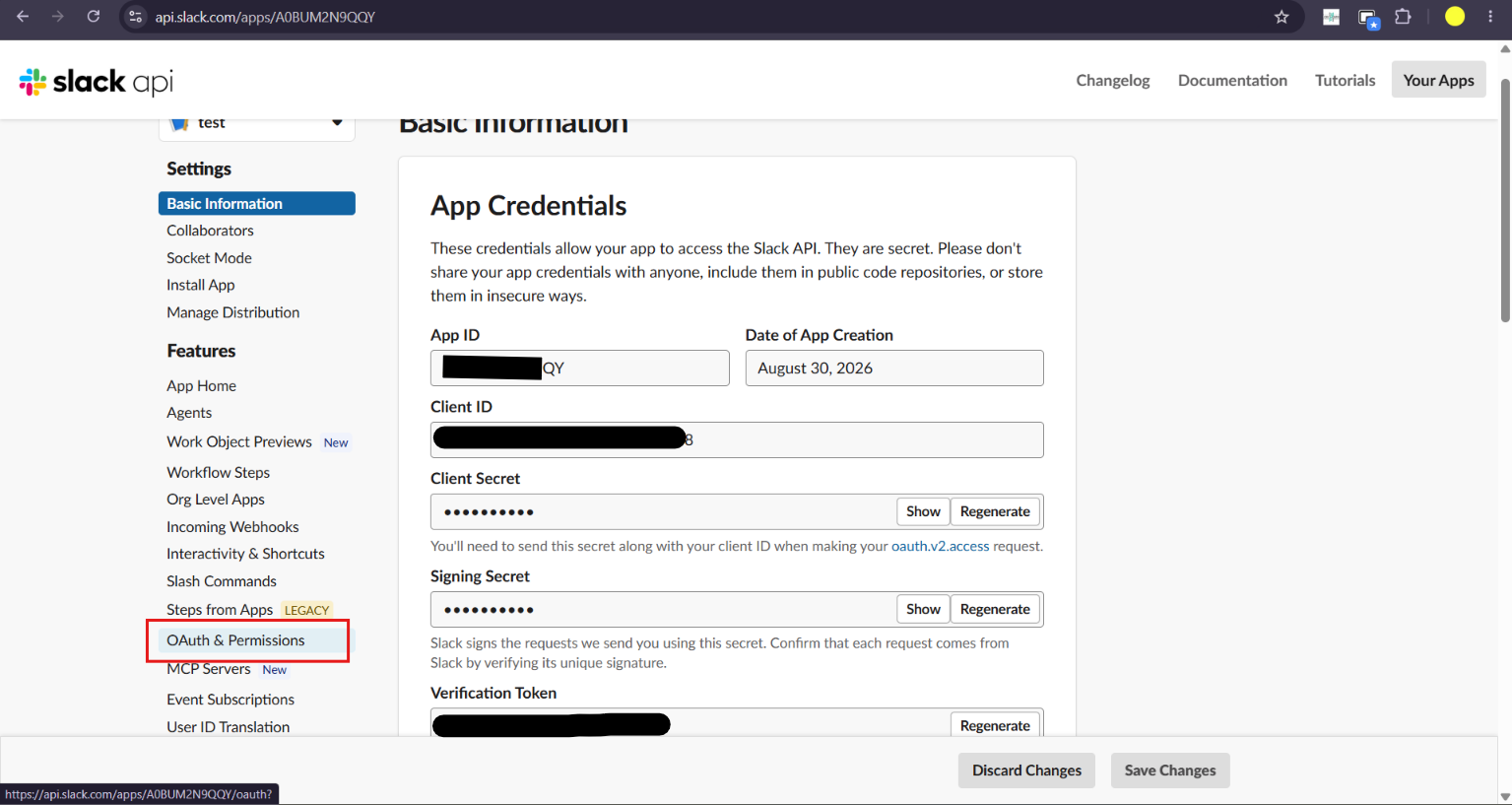 Slack app Basic Information with OAuth and Permissions in the sidebar