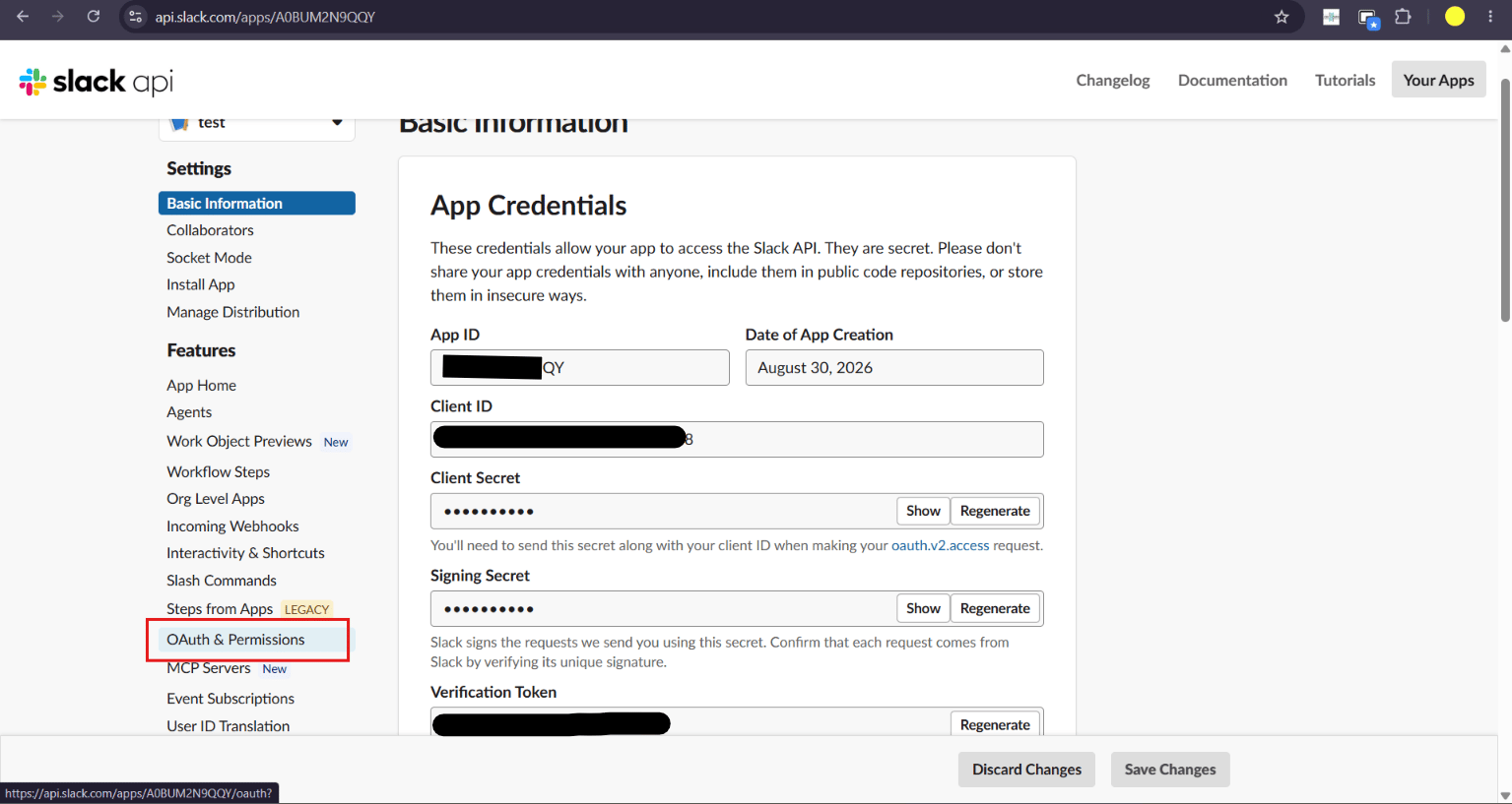 Slack app Basic Information with OAuth and Permissions in the sidebar