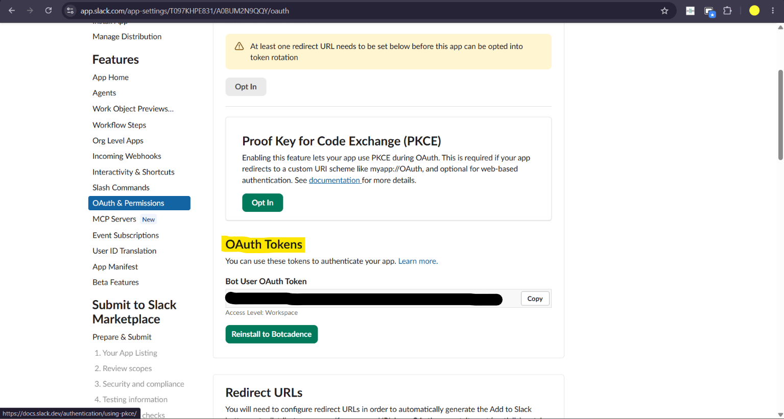 OAuth Tokens section with Bot User OAuth Token and Copy