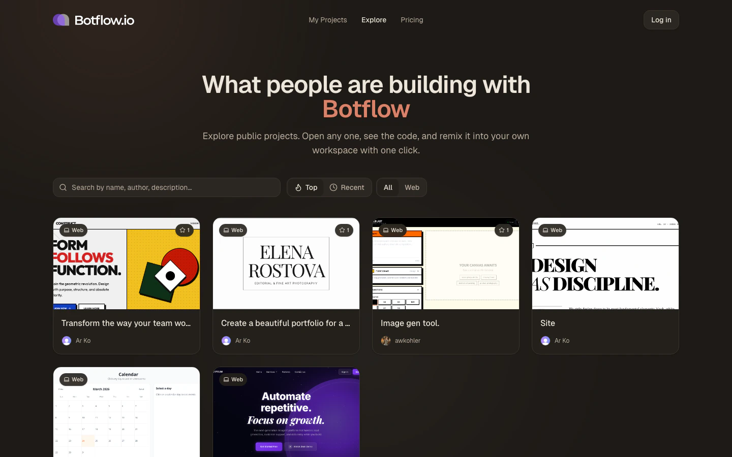 Explore page showing a grid of public projects