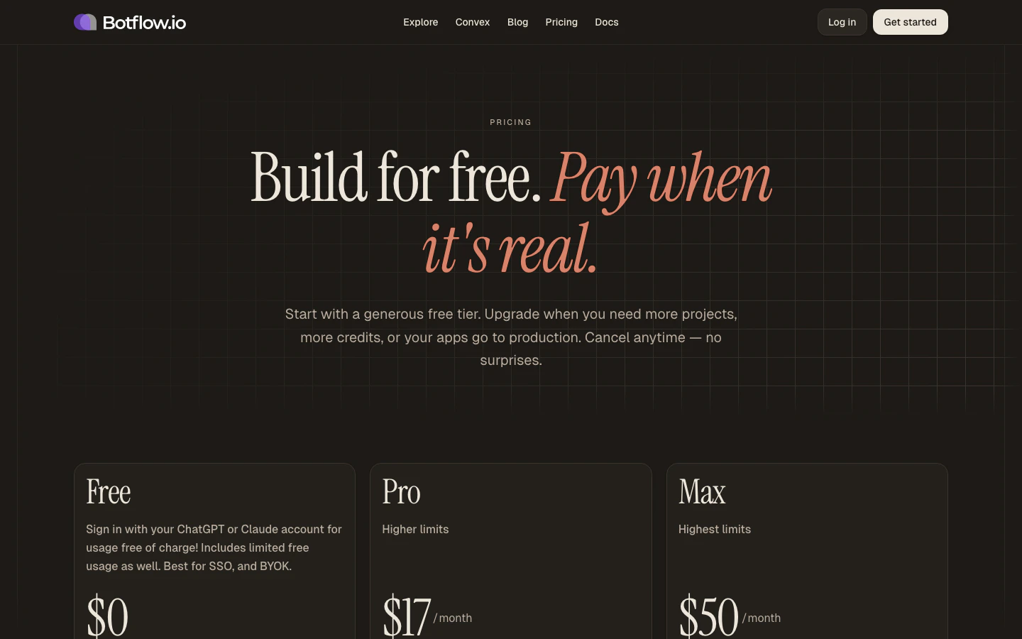 Botflow pricing page