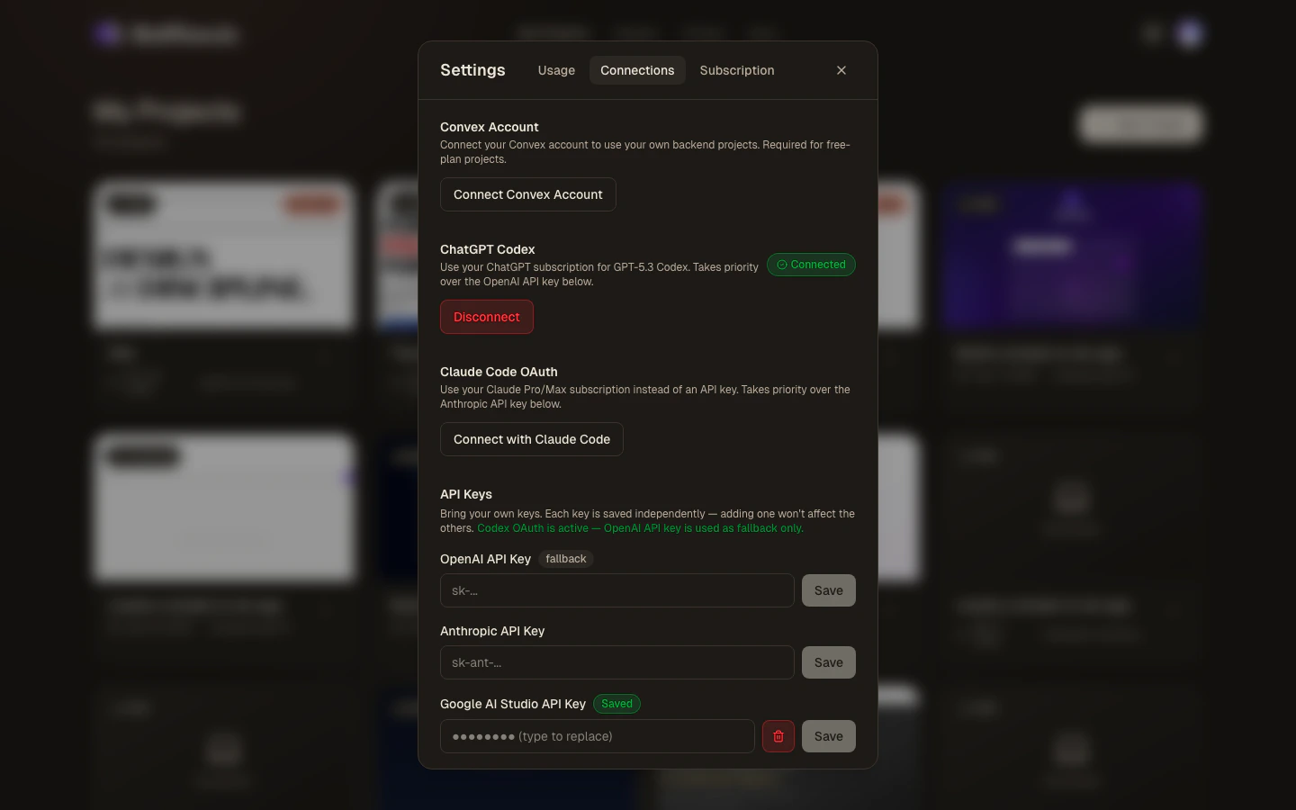 Settings modal — Connections tab