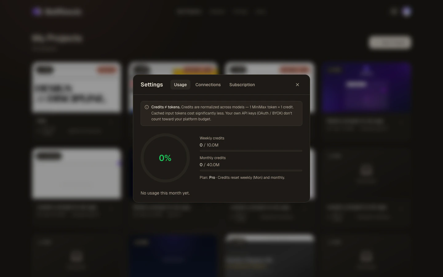 Settings modal — Usage tab
