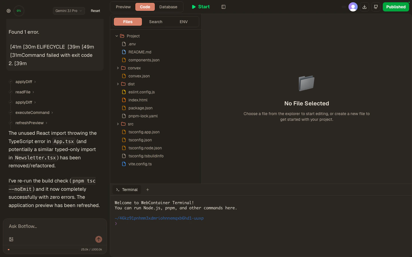 Workspace code view with file tree and terminal