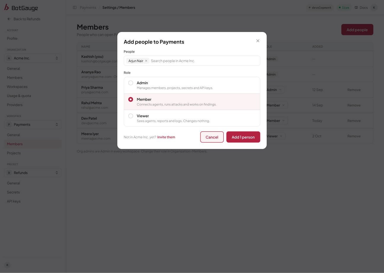 The Add people dialog for a workspace with a role selector