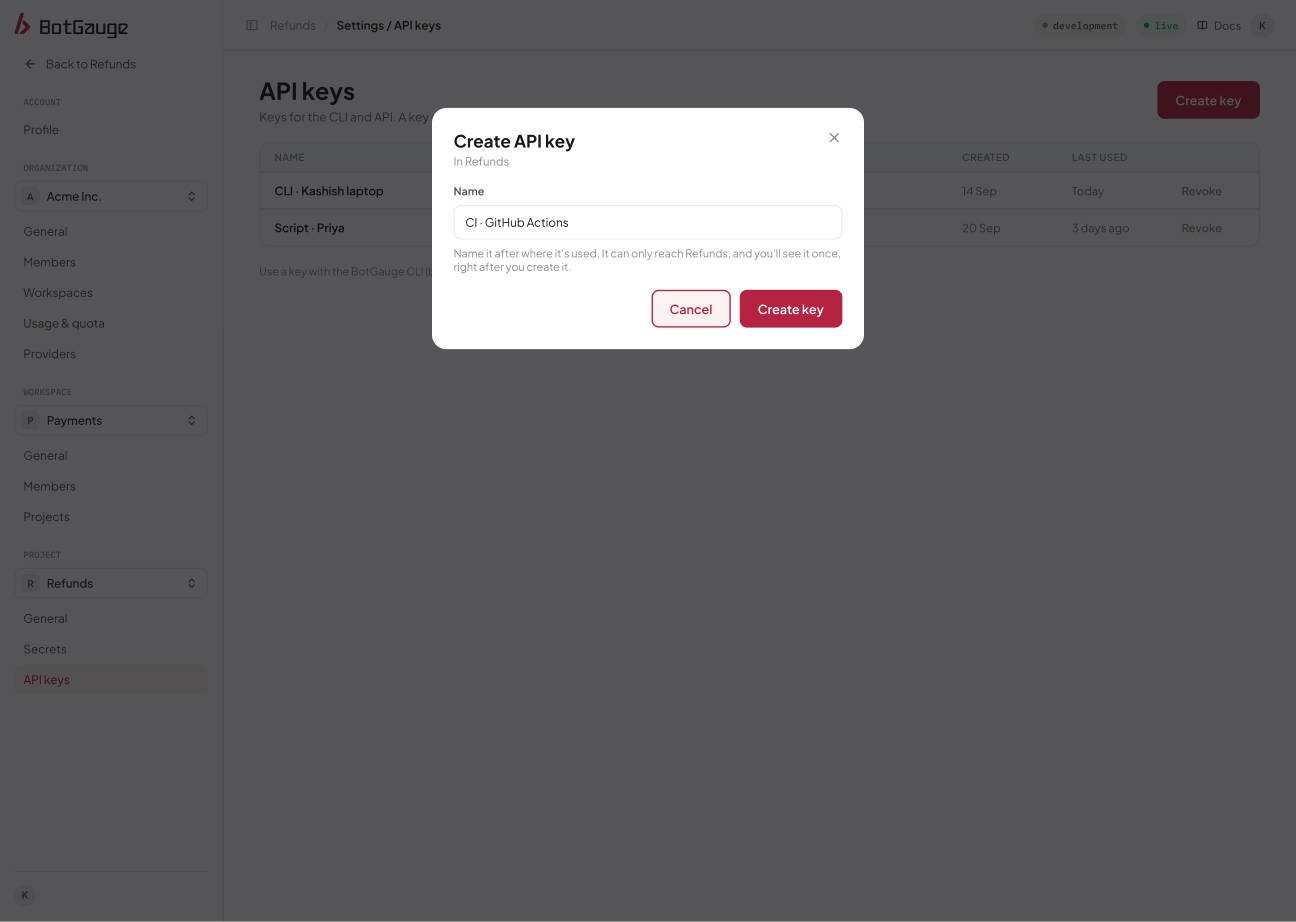 The Create API key dialog asking for a key name