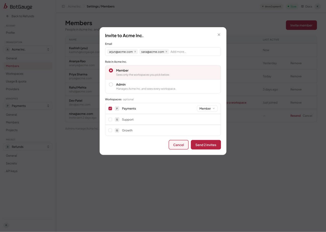The Invite members dialog with email addresses, role, and workspace choices