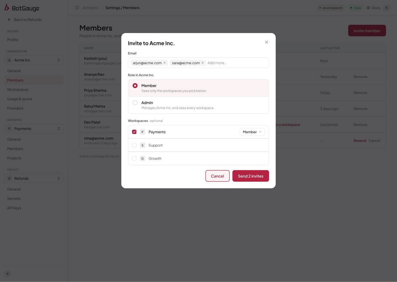 The Invite members dialog with email addresses, role, and workspace choices