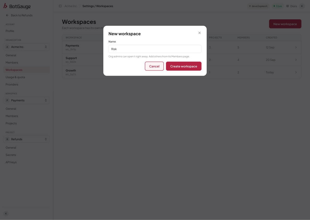 The New workspace dialog asking for a name