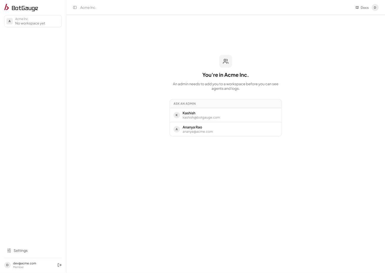 The No workspace yet screen listing the admins to ask for access