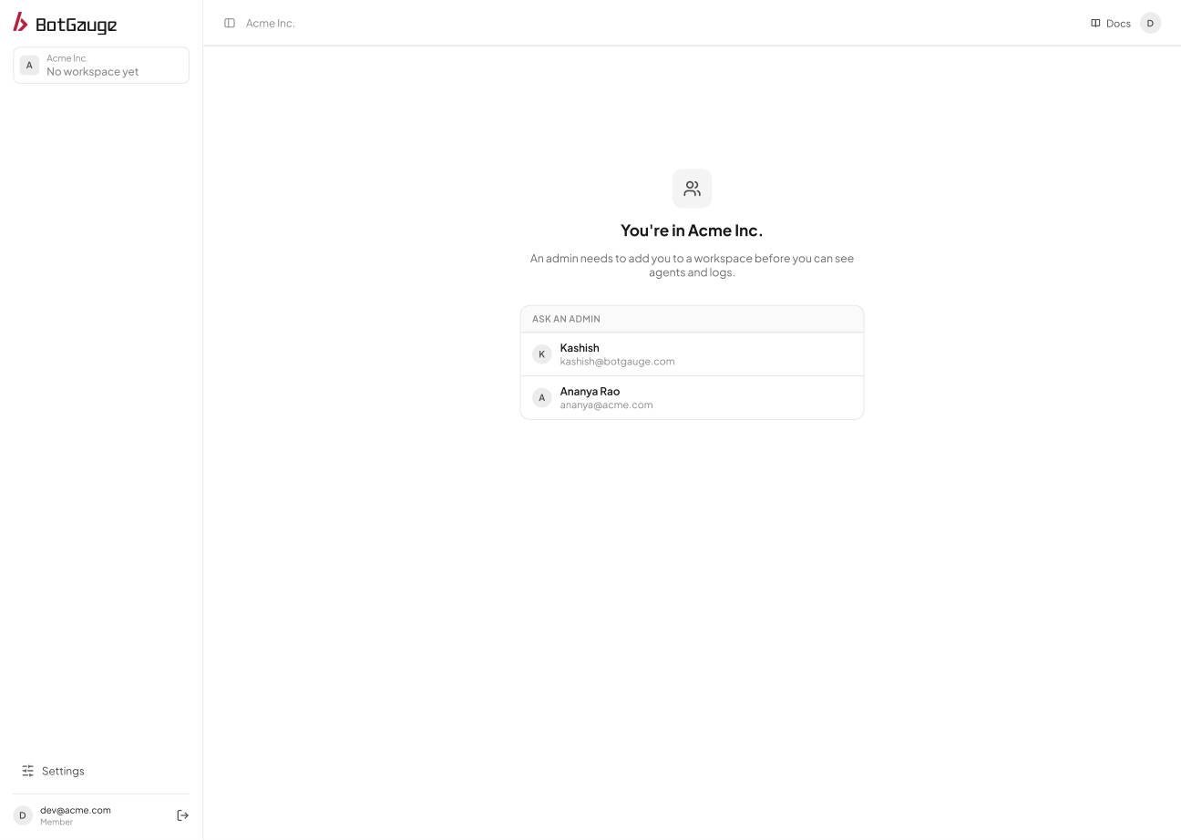 The No workspace yet screen listing the admins to ask for access