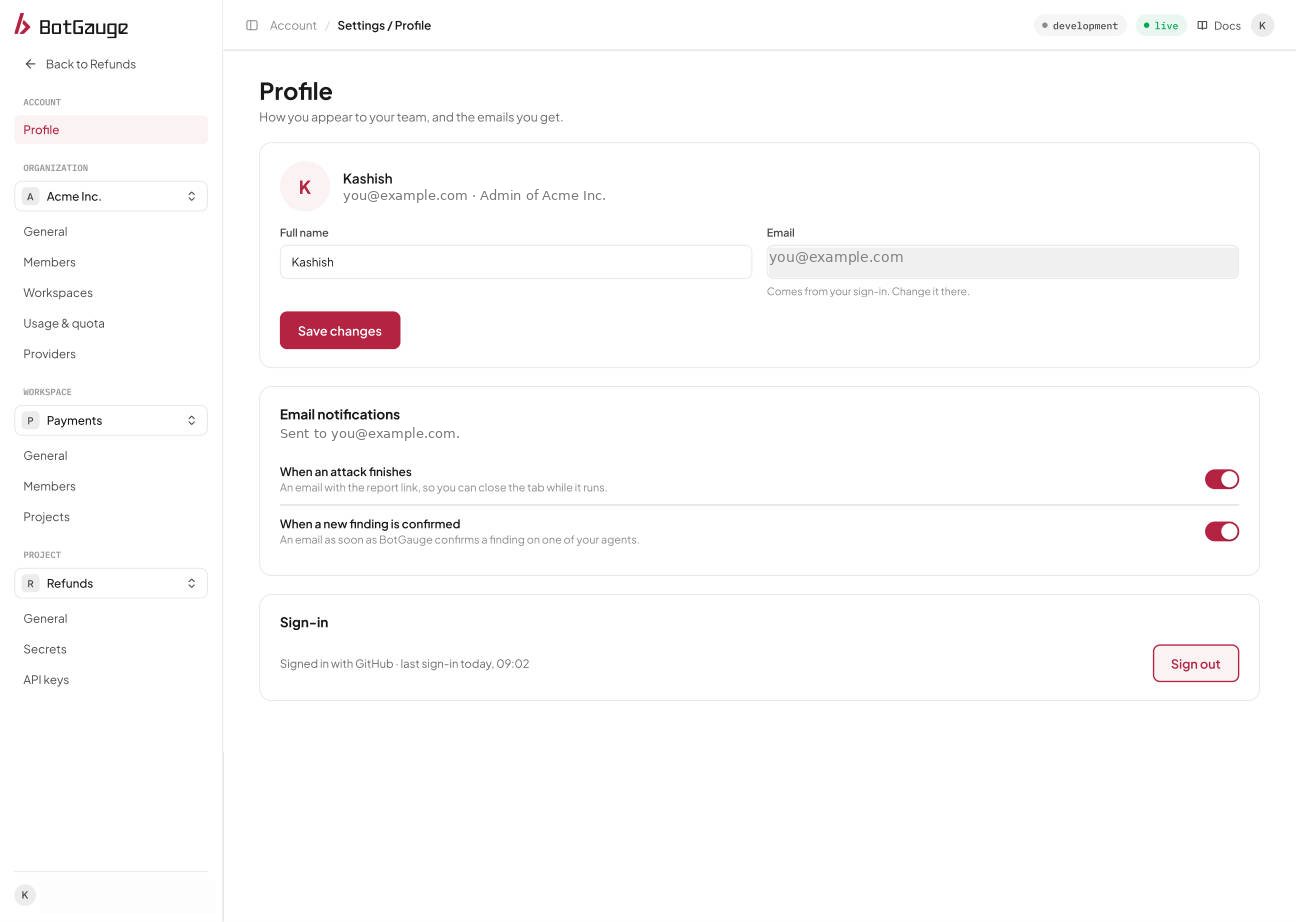 The BotGauge Profile settings page showing full name, email, email notifications, and sign-in