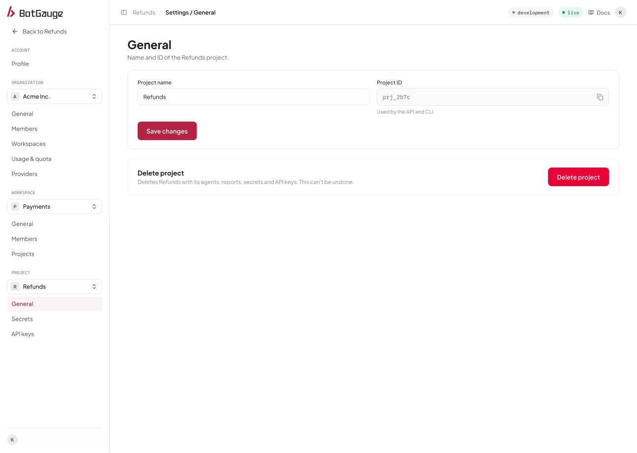 The Project General settings page with name, ID, and Delete project