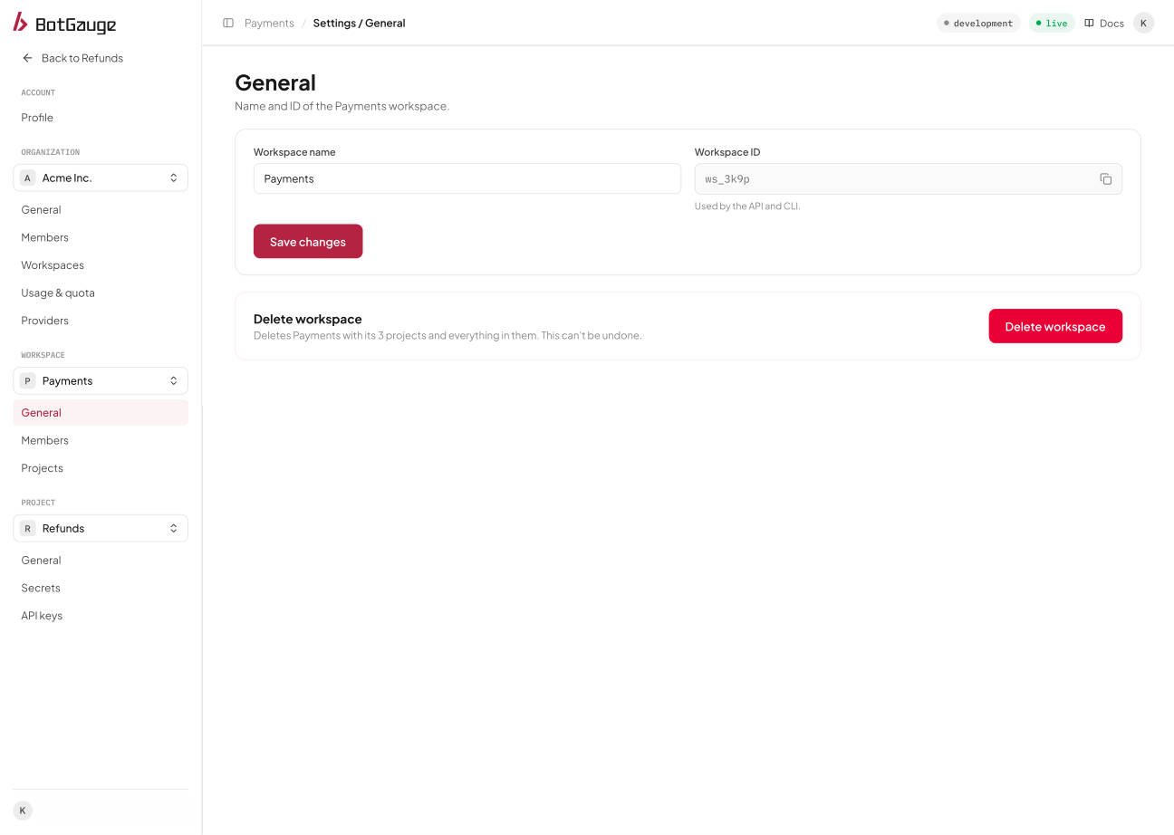 The Workspace General settings page with name, ID, and Delete workspace