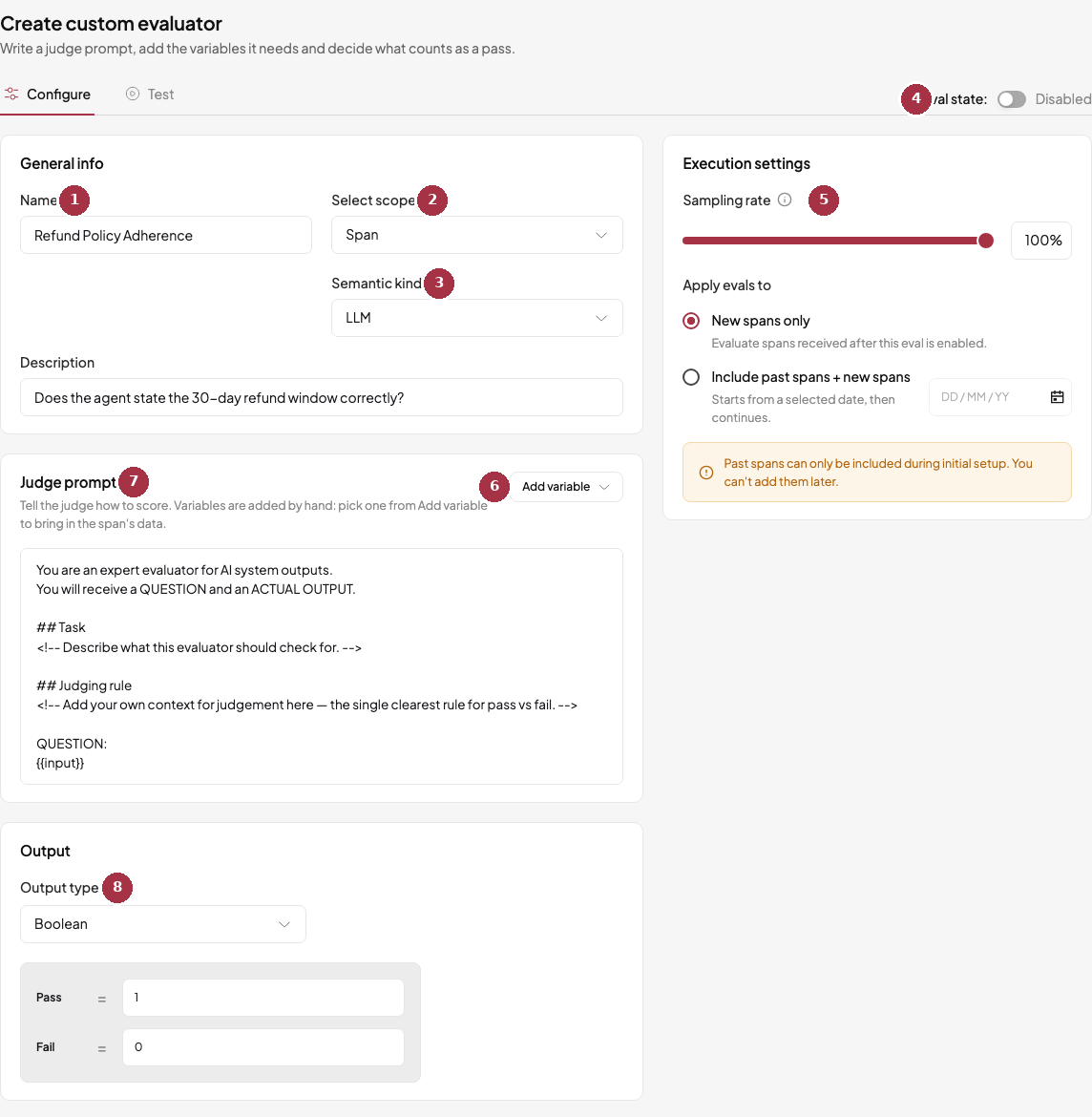 The Create custom evaluator page with numbered callouts for name, scope, semantic kind, state, sampling, add variable, prompt, and output type