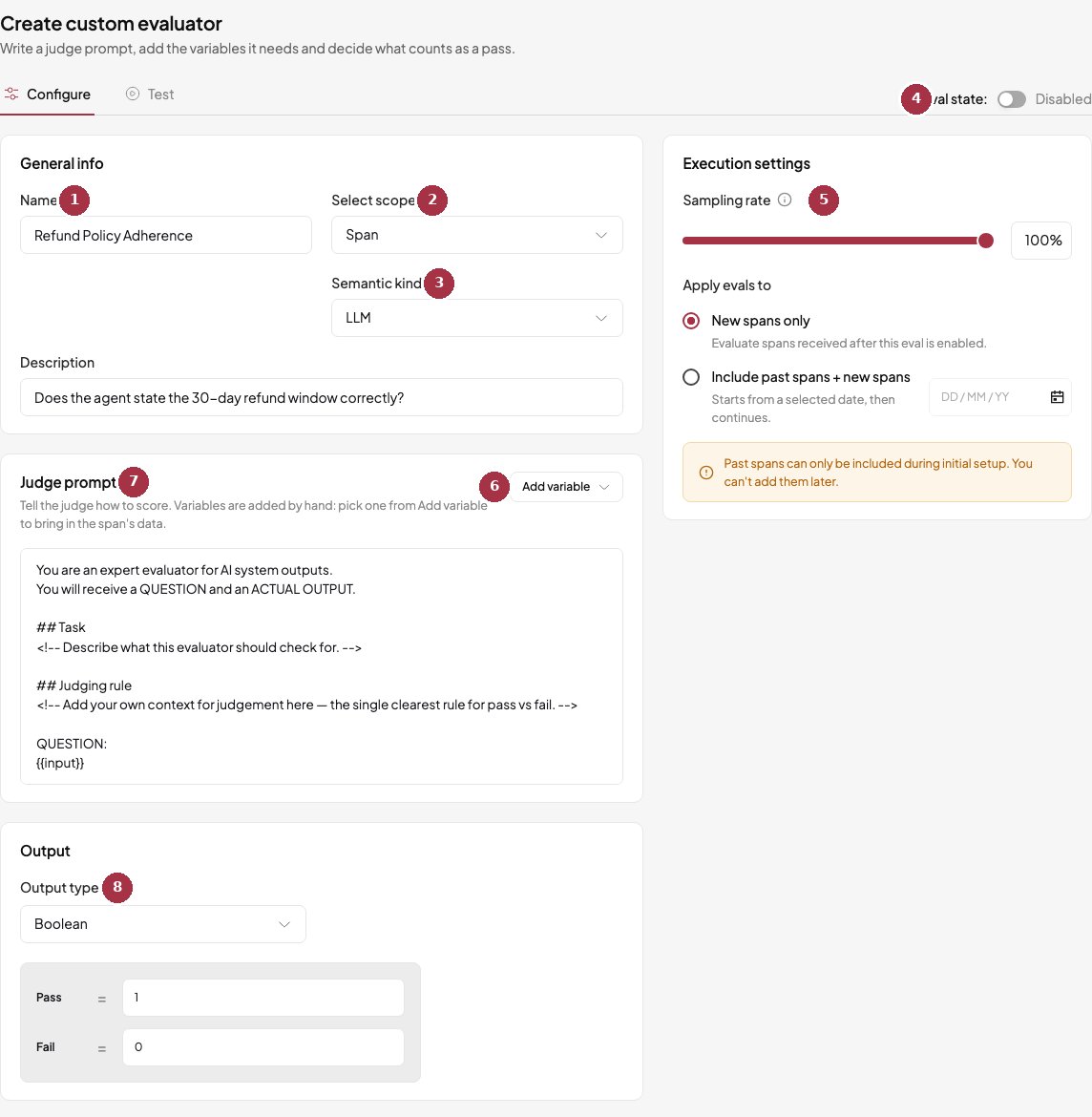 The Create custom evaluator page with numbered callouts for name, scope, semantic kind, state, sampling, add variable, prompt, and output type