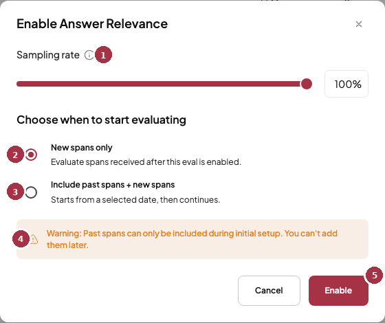 The Enable dialog with sampling rate, New spans only, Include past spans, a warning, and the Enable button