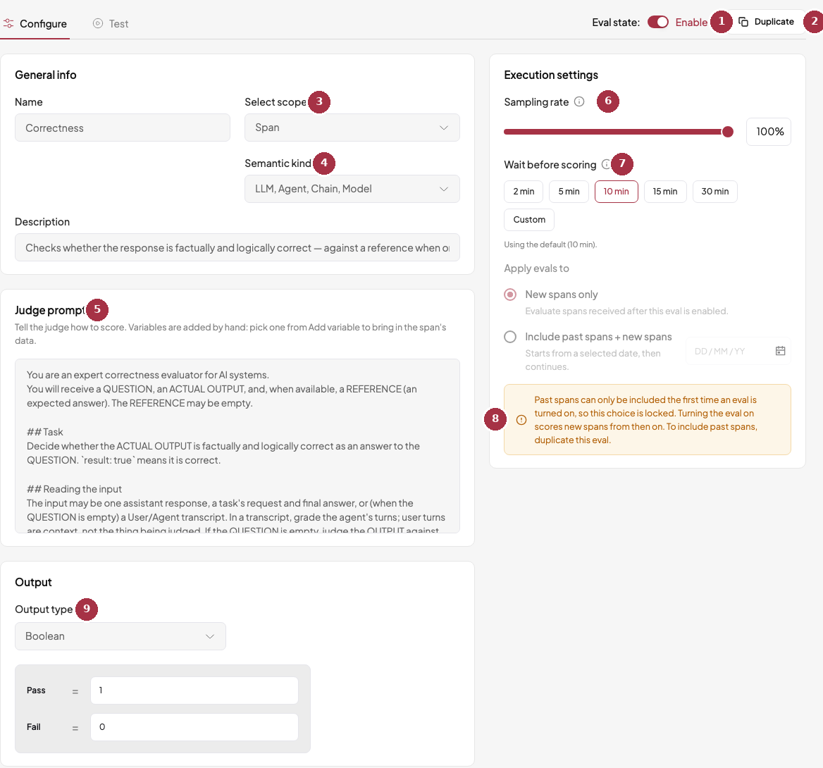 The Configure tab of the Correctness judge with numbered callouts for state, duplicate, scope, semantic kind, prompt, sampling, wait, past data, and output