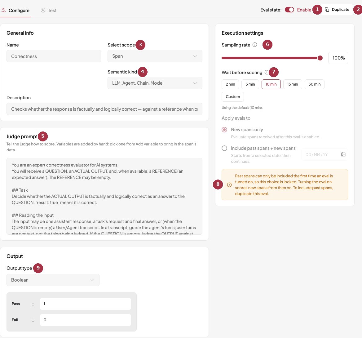 The Configure tab of the Correctness judge with numbered callouts for state, duplicate, scope, semantic kind, prompt, sampling, wait, past data, and output