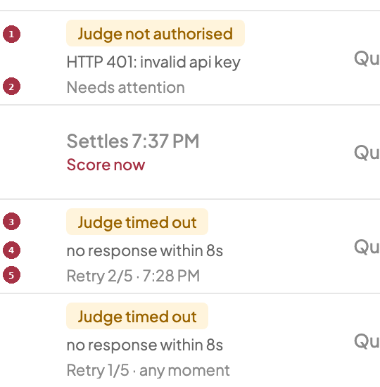 Two failed cells with cause pills and a retrying cell with a retry counter